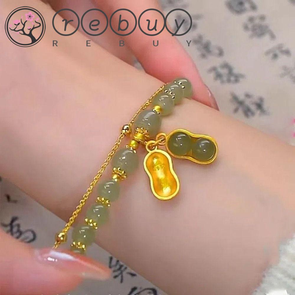 REBUY Rebuy Manik Gelang Kepribadian Retro Adjustable Mutiara Emas Zamrud Gelang Rantai Ganda Hijau Perempuan Tangan Rantai