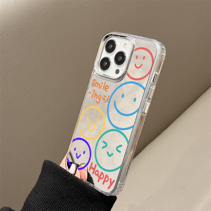 IPHONE Happy Smile Emoji Mirror Phone Case Kompatibel Untuk Iphone11 12 13 14 12Pro 13Pro 14Pro Pro Max XR X XS Max Electroplating Tombol Perlindungan Mirror Cover