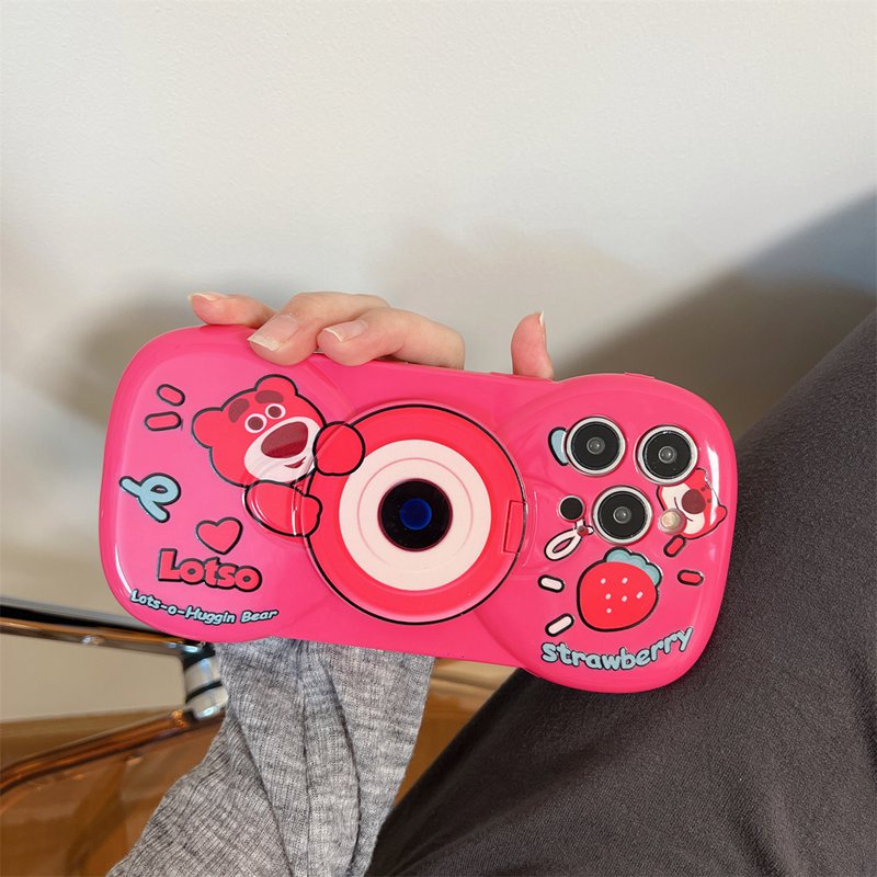 【Bow Mirror】So Cute Pink Lotso Strawberry Bear Silicone SoftCase IPhone 11 12 13 14 Pro Max Women's Fashion Gift Phone Case Brand Gift Pink Makeup