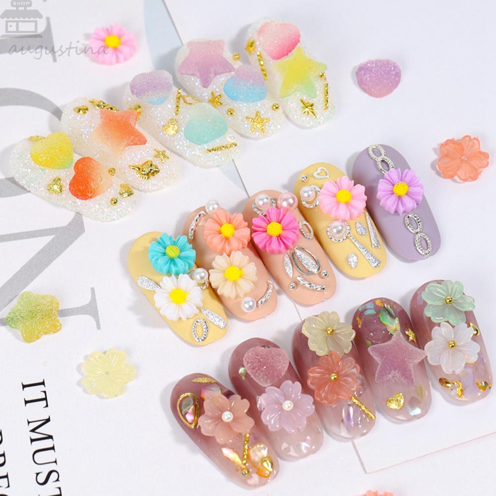 AUGUSTINA Agustin 3D Bunga Resin Mawar Warna-Warni Berbagai Berujung Lima Bintang Hati Kelopak daisy Kecil Gummy Candy Sunflower Nail Rhinestones