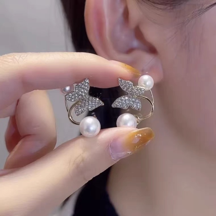 Korea INS Zirkon Kupu-Kupu Stud Earrings Fashion Gadis Elegan Simulasi Mutiara Berlian Imitasi Anting Pernikahan Perhiasan Aksesoris Pesta