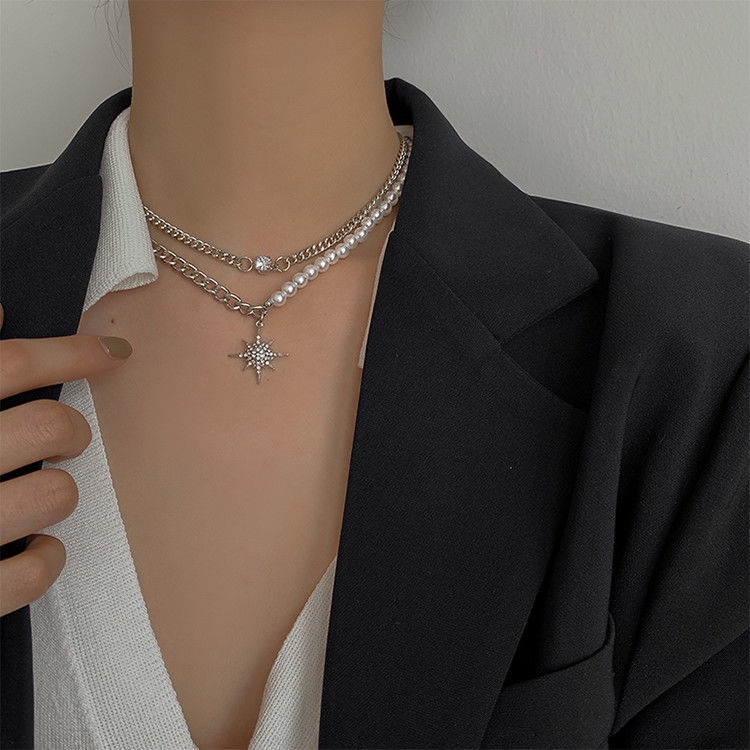 Niche Desain Kalung Mutiara Jahitan Rantai Zirkon Rantai Klavikula Temperamen Perempuan Gaya Milenium Kalung Influencer Bintang