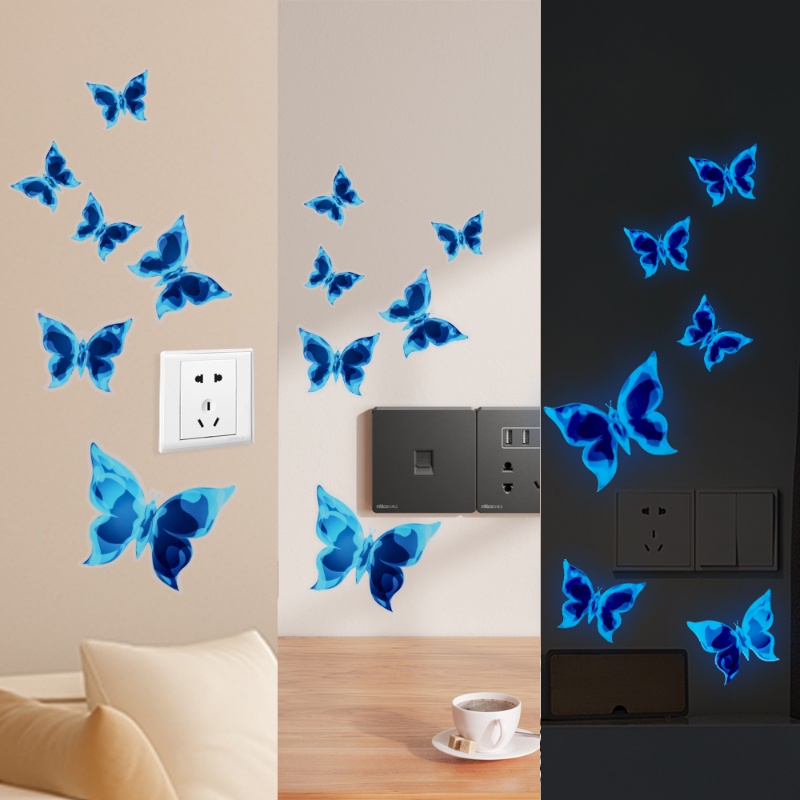 1lembar Biru Bercahaya Desain Kupu-Kupu Decal Art Stiker Dinding Kamar Kupu-Kupu DIY Dinding Self-adhesive Stiker Dekorasi Rumah