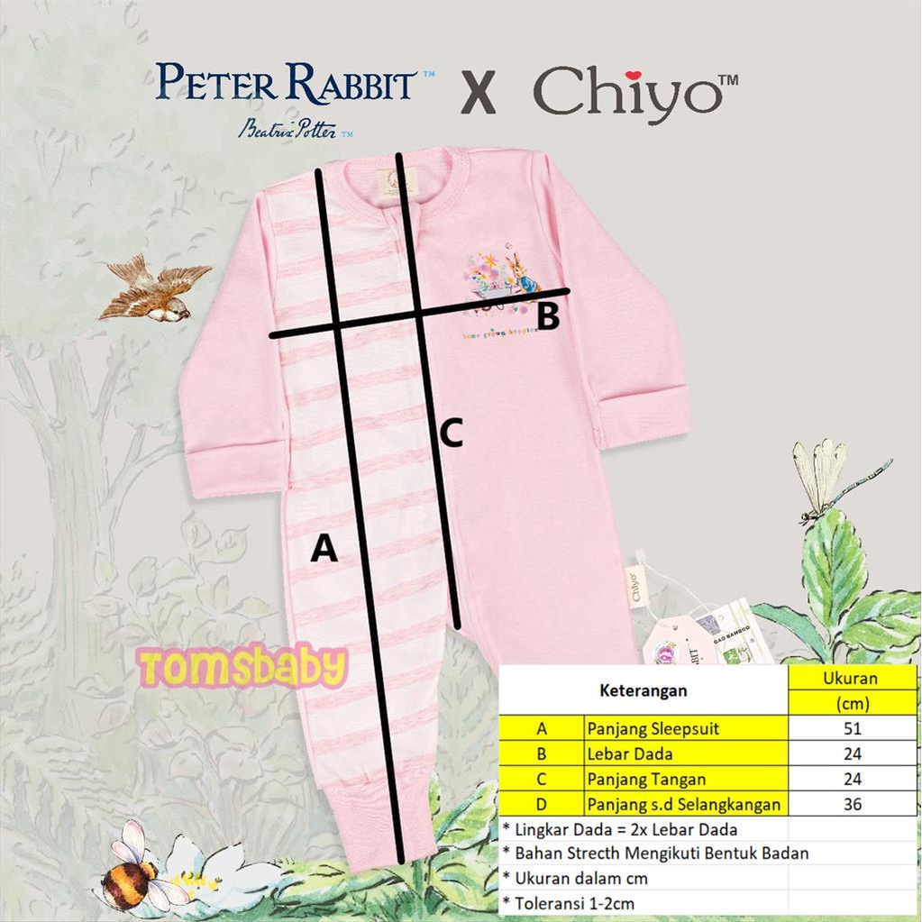 [TOMS] [0-3bln] CHIYO BABY (1pcs) Jumper Panjang Zipper Sleepsuit 2in1 PETTER RABBIT