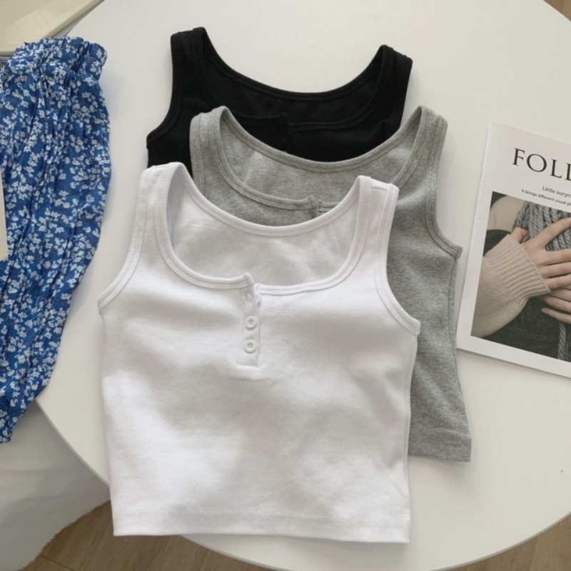 SS Tank Top Crop Wanita Motif Salur 6836 Korean Square Knit Atasan Wanita Pakaian Wanita Sleeveless Knit Top Inner Korea Style Fashion Wanita
