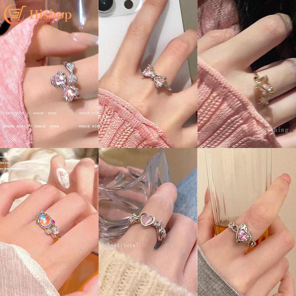 Cincin Zircon Pink Manis Kristal Busur Pembukaan Dapat Disesuaikan Cincin Silver Untuk Aksesoris Perhiasan Wanita