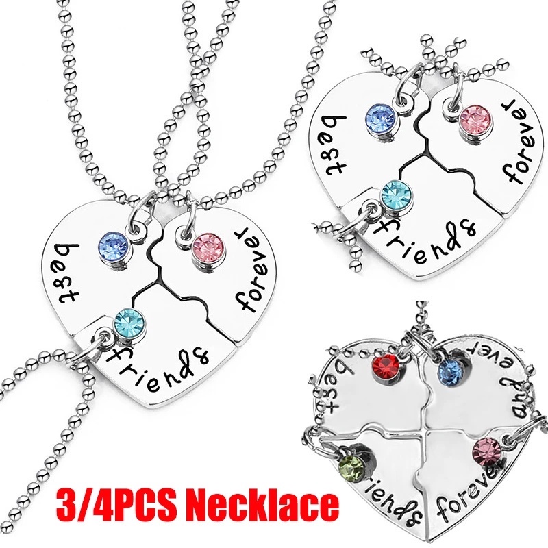 3 /4 Pcs Cinta Berbentuk Hati Puzzle Kalung Perhiasan Wanita Gadis Persahabatan Liontin Leher Rantai Berlian Imitasi Kreatif Kalung Sahabat