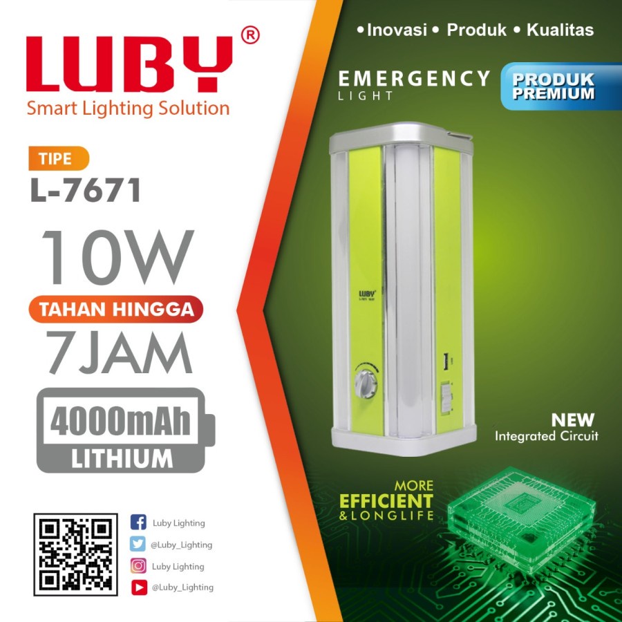 Lampu Emergengy Cas LUBY L 7671 Putih Baterai Rechargeable Ulang Lampu EMergency LED Camping 10 Watt Senter