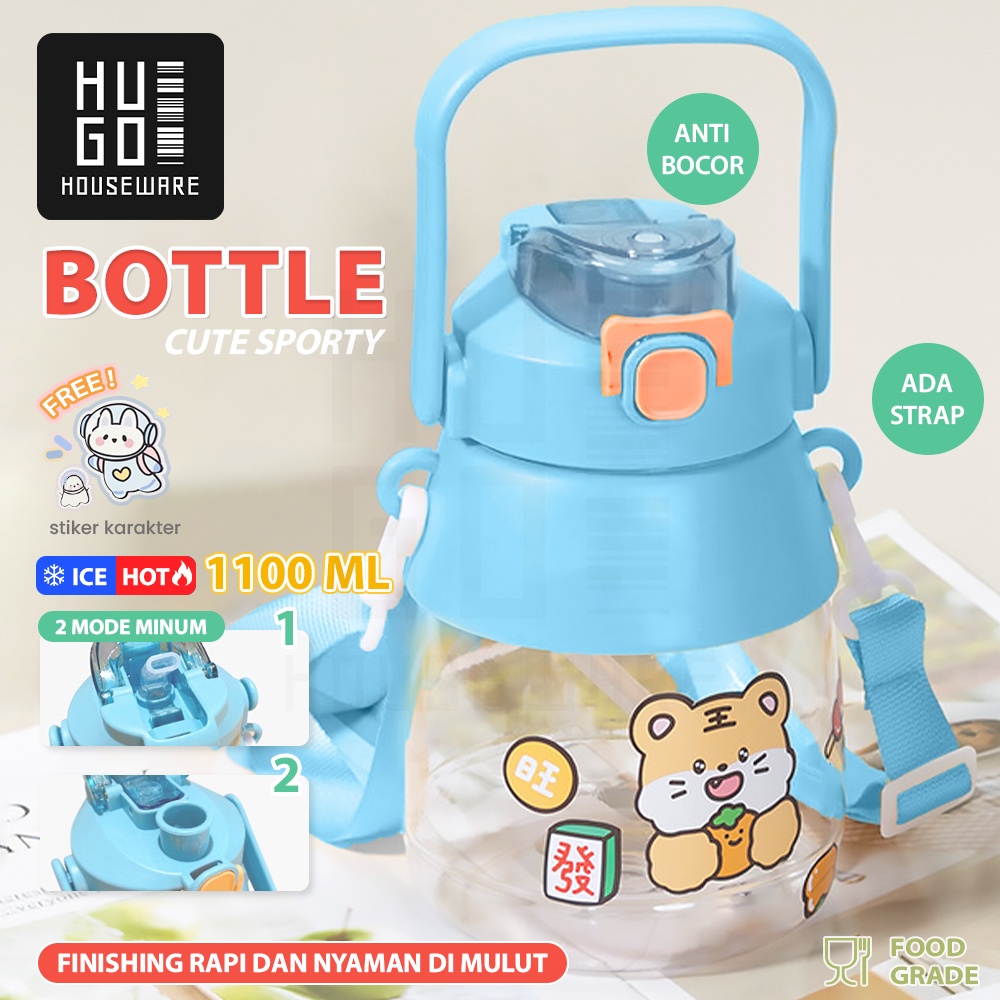 HUGO Botol Minum Anak Sedotan Jumbo 1100 ml Botol Air Minum Sedotan dan Tali Strap