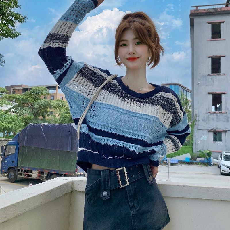 Premium Sweater Wanita Korea Cutout Lengan Panjang Stripe Casaul Atasan