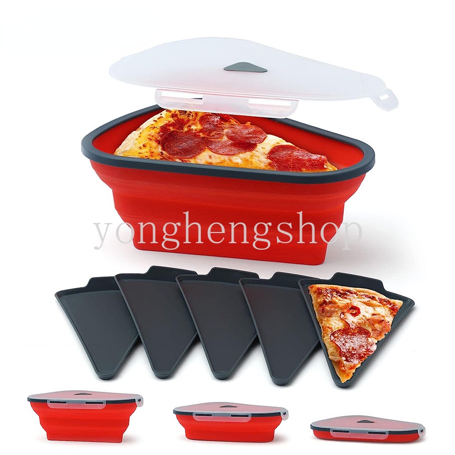 Portable Silicone Reusable Pizza Packing Box Wadah Irisan Pizza Segitiga Dapat Dilipat Dengan 5nampan Saji Microwavable Lunch Bento Box Penyimpanan Makanan Dapur