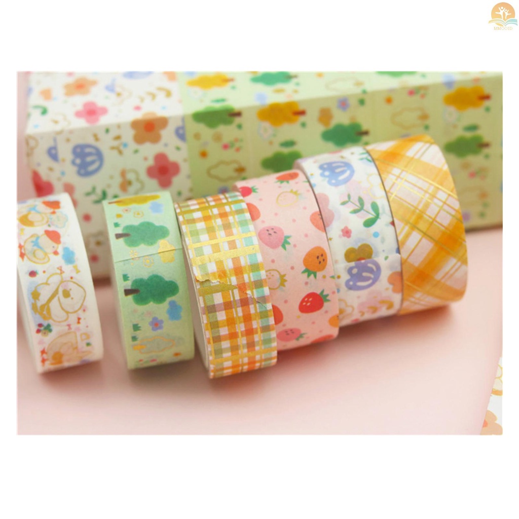 In Stock 6roll Lucu Kartun Foil Emas Washi Tape Set Gaya Rustic Washi Masking Tapes Tape Perekat Dekoratif Label Stiker Lebar 15mm Untuk DIY Seni &amp; Kerajinan Scrapbooking Jurnal