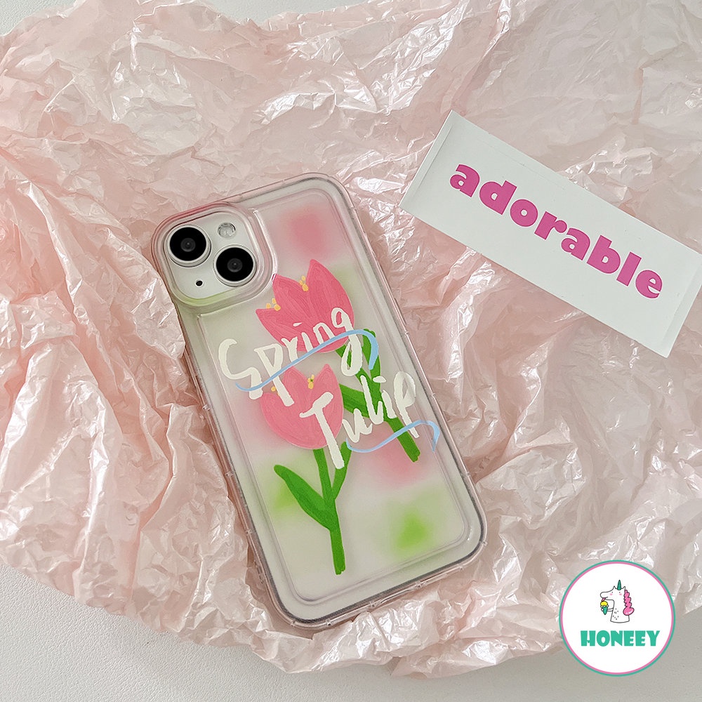 Spring Pink Tulip Phone Case Kompatibel Untuk iPhone 14 Pro 13 12 11 Pro Max XR XS 7 8plus Transparan Anti-Drop Airbag Cover