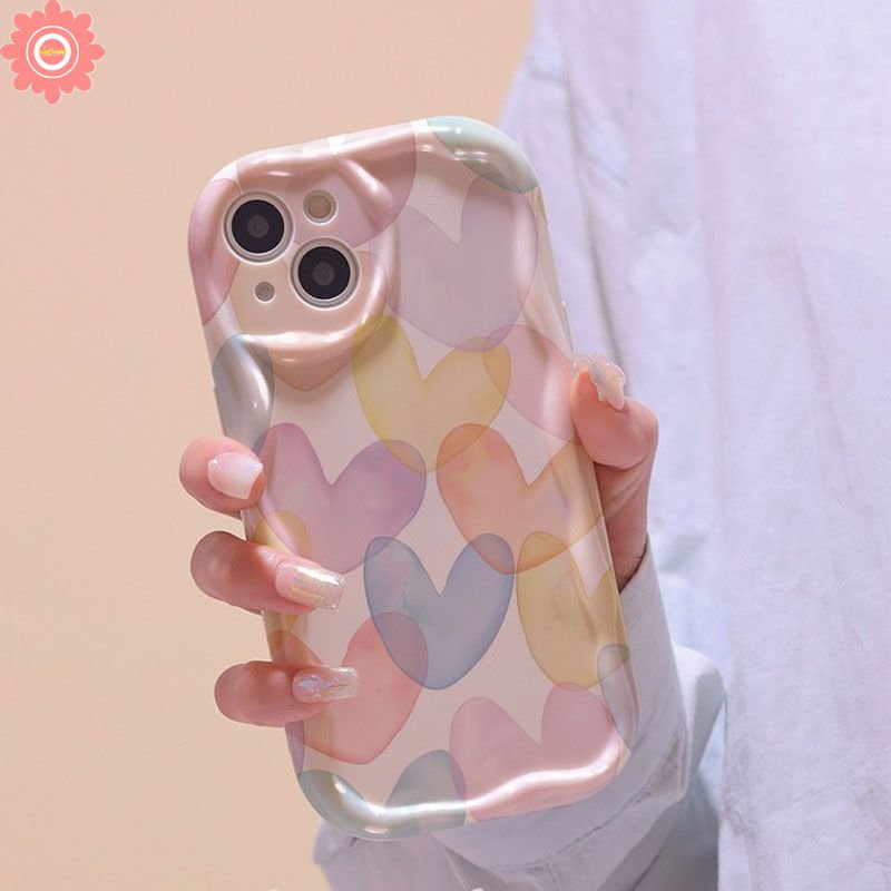 Casing Warna Air Cinta Hati Kompatibel Untuk IPhone 7Plus 14 11 13 12 Pro Max XR 7 6s 6 8 Plus X XS Max SE 2020 8Plus Art Macarons Lukisan Minyak Bahasa Inggris Lembut 3D Bergelombang Melengkung Penutup Tepi