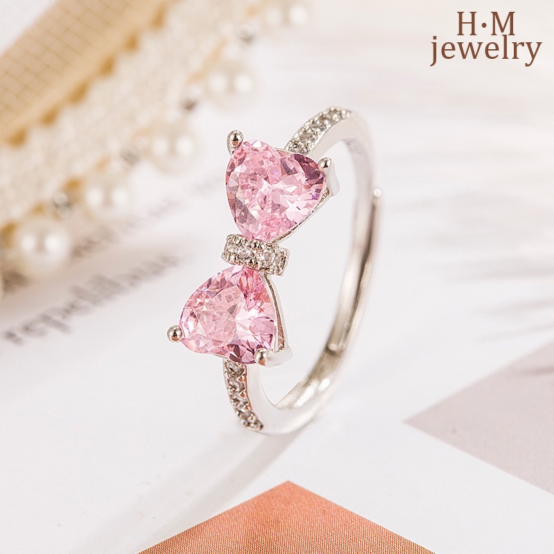 Fashion High Sense Pink Diamond Bow Ring Pink Loving Heart with Opening Ring Adjustable