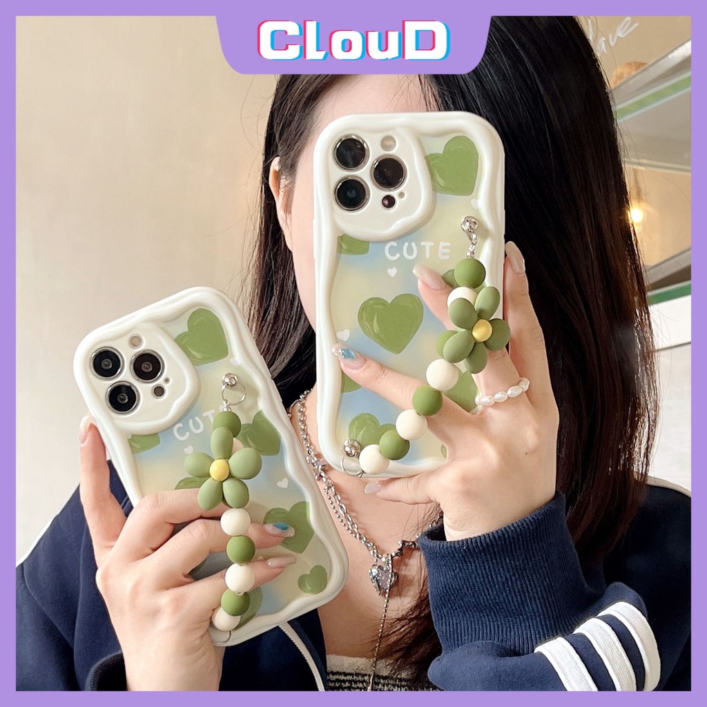 Casing Tepi Melengkung Bergelombang 3D Untuk Infinix Hot 10Lite 8 9 30i Note12 G96 Smart 6.6plus 7 5 Hot 30 9 8 12 11 10 20 Main Cat Minyak Hijau Cinta Hati Manik Bunga Tangan Tali Gelang Case