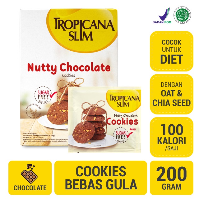 

Tropicana Slim Nutty Cookies Chocolate 200gr - Snack Biskuit Diet Rendah Kalori Bebas Gula