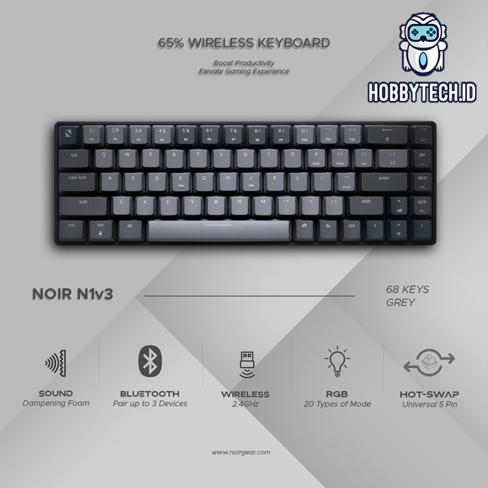 Noir N1v3 / N1 65% Grey Wireless Mechanical Gaming Keyboard - Gateron Brown