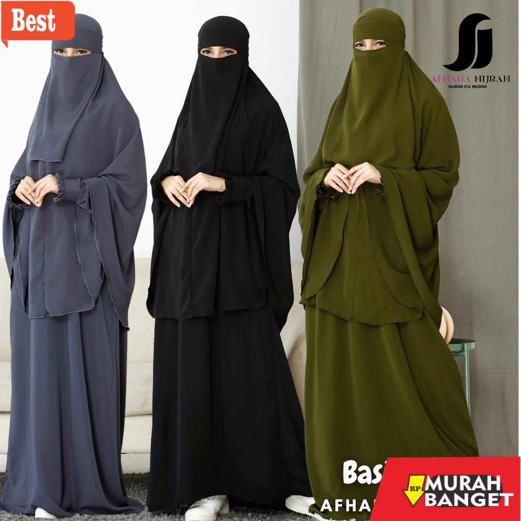 Tren baju lebaran wanita 2023- Gamis syari jilbab cadar Basic hitam wolvis baju set hijab instan fre