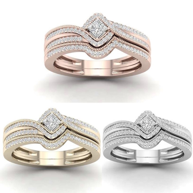 Goldkingdom Fashion Perhiasan Aksesoris Ready Stock Mewah Micro Set Zirkon Persegi Putri Set Cincin Occidental Zirkon Engagement Ring Perempuan