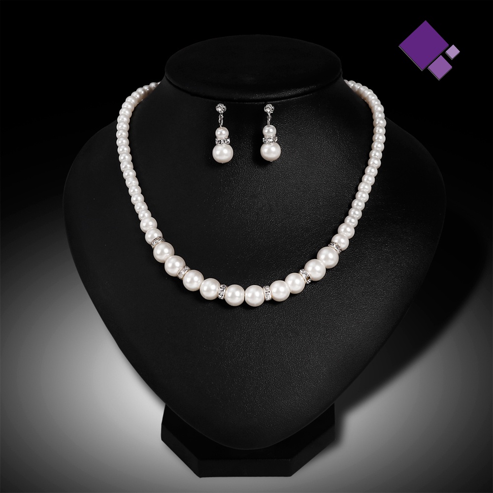 Naiveblue &gt; Wanita Fashion Chic Berlian Imitasi Mutiara Manik-Manik Anting Kalung Set