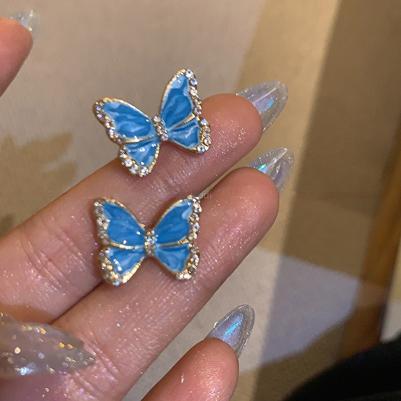 Anting Stud Telinga Kupu-Kupu Biru Bling Berkilau Aksesori Fashion Jewelrey Untuk Anak Perempuan