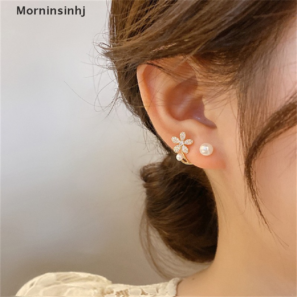 Mornin 1pasang Korea Imitasi Mutiara Bunga Stud Earrings Wanita Fashion Kristal Perhiasan Elegan Pesta Sehari-Hari Ikan Ekor Anting Dengan Mutiara Empat Cakar Telinga Baris Anting Hadiah id