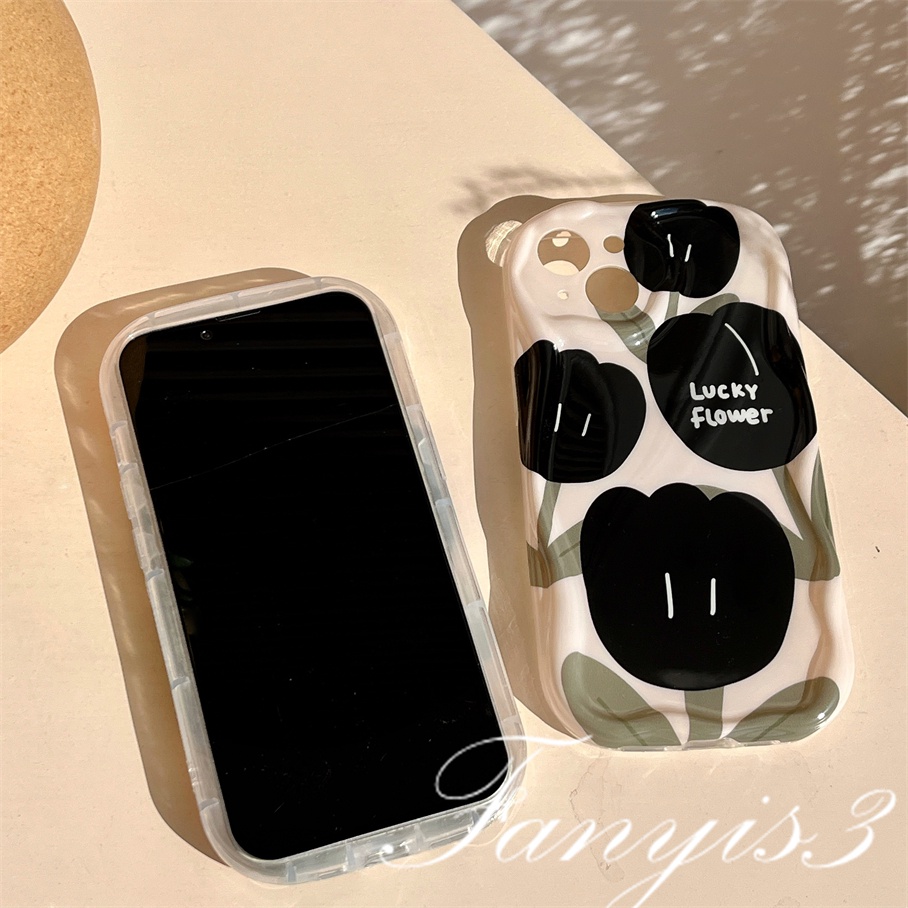 Compatible For IPhone 14 13 12 11 Pro Max X XR Xs Max 8 7 6s Plus SE 2020 Kompatibel Untuk Bunga Tulip Hitam Gelombang Casing Ponsel TPU Silicon Lembut Cover Pelindung