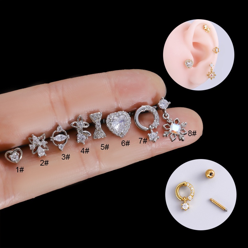 1biji Fashion 16G Stainless Steel Tulang Rawan Helix Piercing Earring Stud Dengan Jantung Ikatan Simpul Bunga Pesona Warna Emas Dan Perak