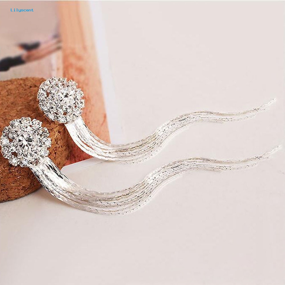 Lilyscent Wanita Berlian Imitasi Mengkilap Panjang Rumbai Menjuntai Stud Earrings Fashion Pengantin Perhiasan