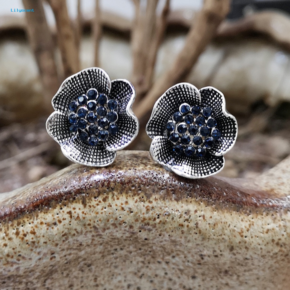 Lilyscent Vintage Wanita Berlian Imitasi Hias Bunga Mawar Bentuk Stud Earrings Perhiasan Hadiah