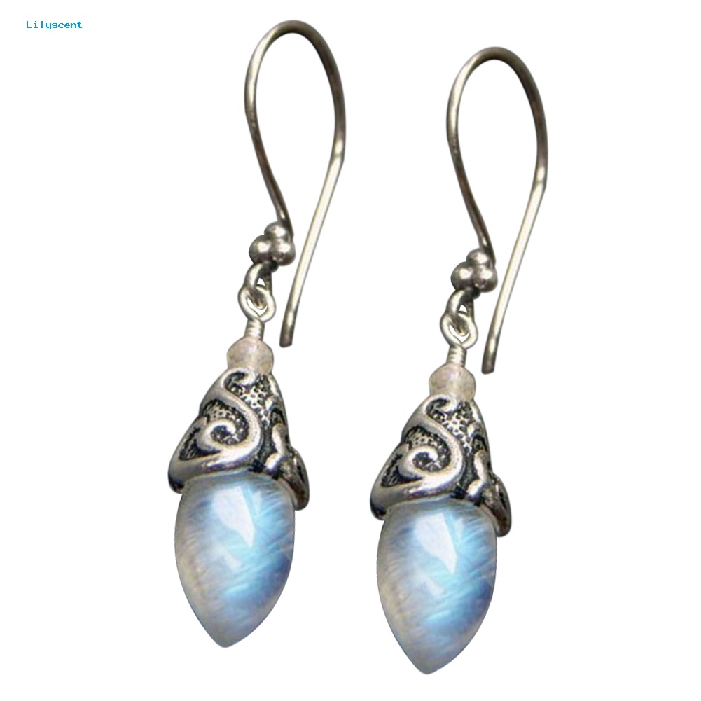 Lilyscent Cone Shape Artificial Moonstone Pendant Hook Earrings Retro Wanita Perhiasan Pesta