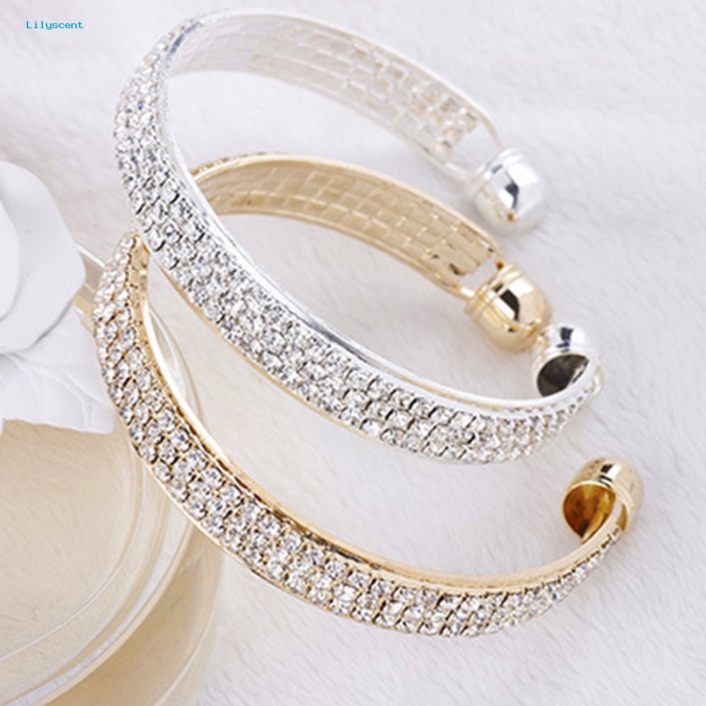 Lilyscent 3baris Berlian Imitasi Mengkilap Pernikahan Pengantin Gelang Ujung Terbuka Bangle Lady Jewelry