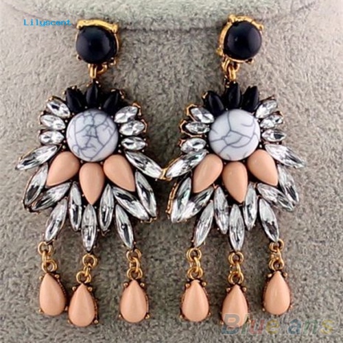 Lilyscent Retro Wanita Kristal Berlian Imitasi Bunga Menjuntai Studs Earrings Pernyataan Perhiasan