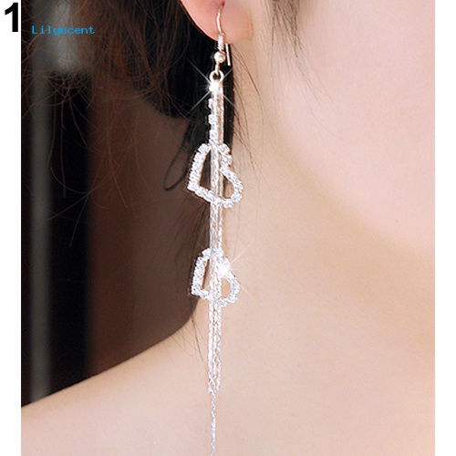 Lilyscent Lady Berlian Imitasi Cinta Ganda Jantung Drop Panjang Jumbai Rantai Menjuntai Linear Earrings