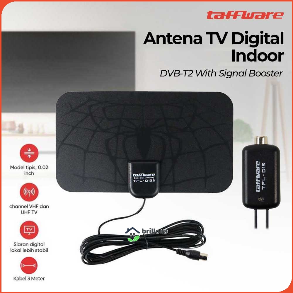 Antena TV Indoor Paket Dengan Penguat Sinyal Boster High Gain 25dB Antenna Bundling Booster Signal Amplifier Spider Pattern Taffware