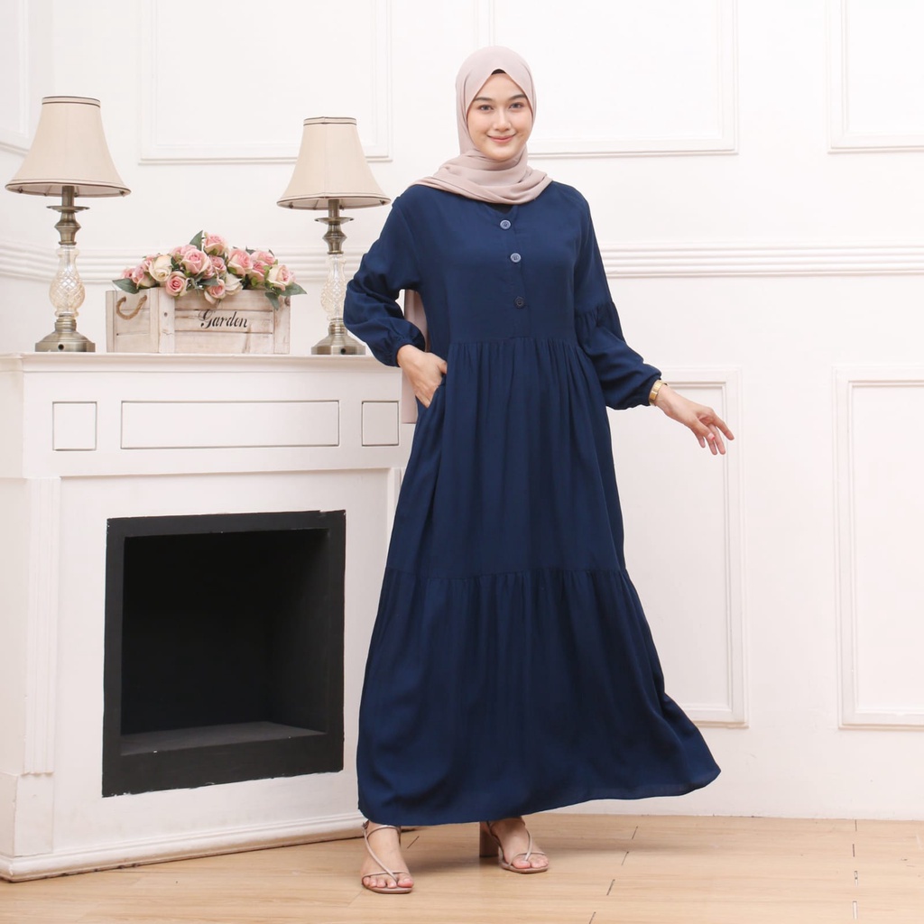 Tren Baju Muslim Gamis Rayon Polos Susun Canda Lengan Balon Busui Kancing Depan Terlaris / Maxi Dres