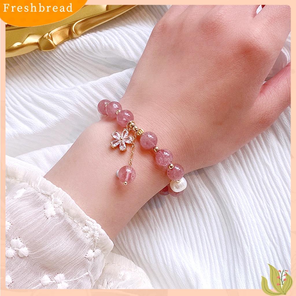 &lt; Freshbread &gt; Wanita Gelang Manik-Manik Manis Mutiara Imitasi Bunga Cubic Zirconia Hadiah Hias Pink Faux Kristal Manik-Manik Bangle Perhiasan Aksesori Busana