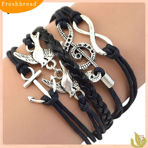 &lt; Freshbread &gt; Wanita Retro Tengkorak Musik Merpati Kulit Imitasi Pesona Gelang Bangle Cuff