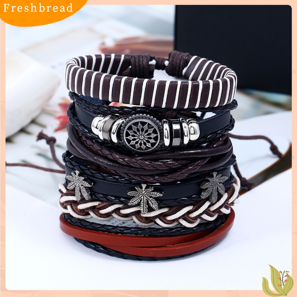 &lt; Freshbread &gt; 6Pcs Retro Pria Kulit Imitasi Hip Pop Punk Tengkorak Daun Kepang Gelang Pergelangan Tangan Perhiasan