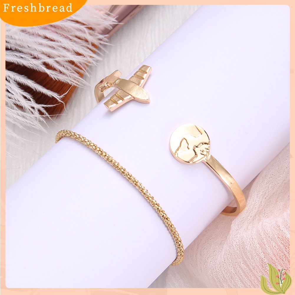 &lt; Freshbread &gt; 2Pcs/Set Wanita Map Plane Open Bangle Gelang Rantai Pergelangan Tangan Hias Perhiasan