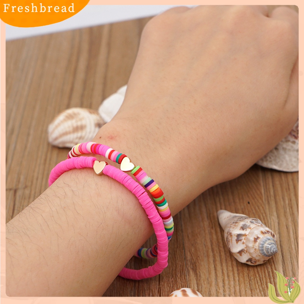< Freshbread > Gelang Perempuan Manik-Manik Gaya Bohemian Buatan Tangan Hias Pengerjaan Halus Hias Ringan Multicolor Polymer Clay Flat Beads Bracelet Wanita Aksesori