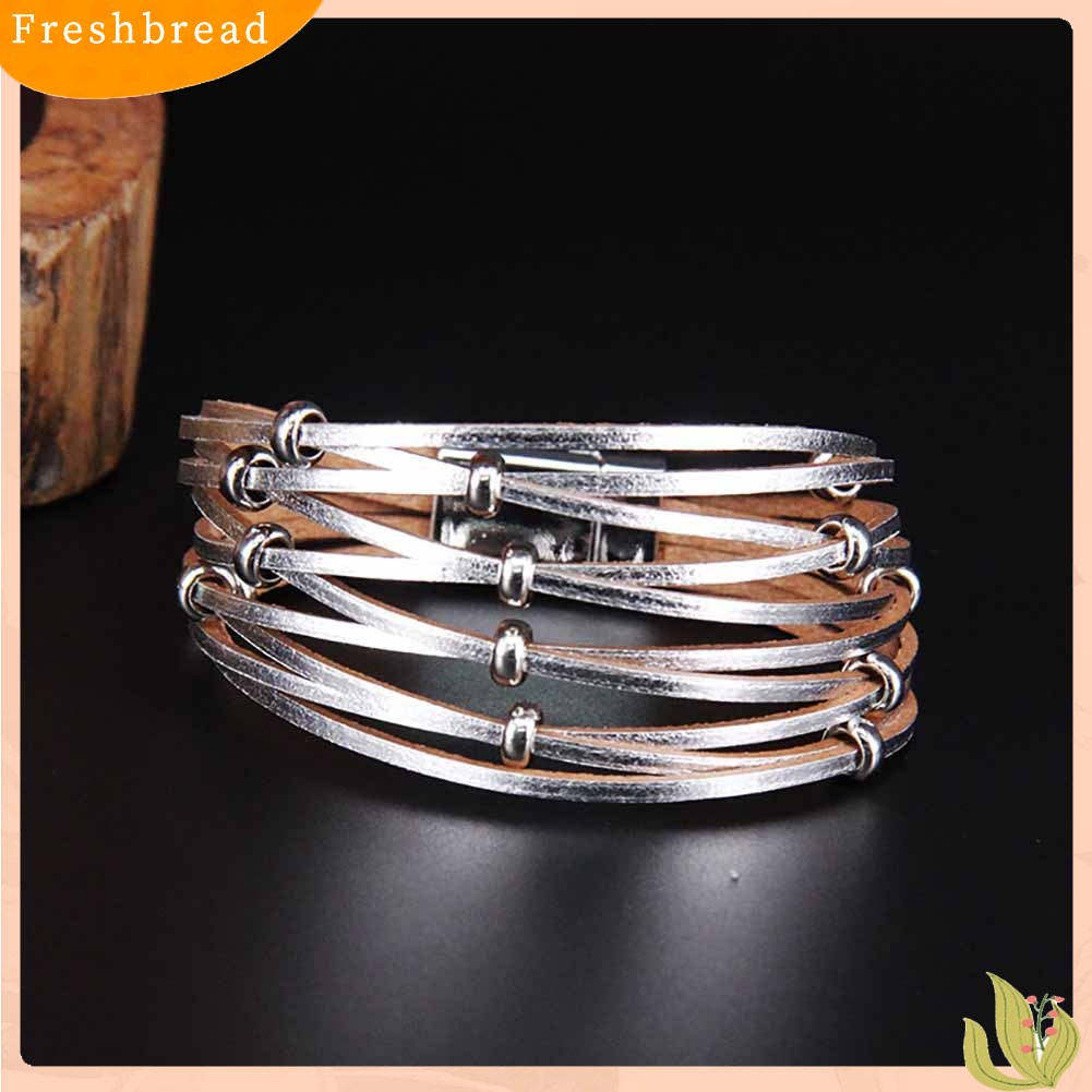 &lt; Freshbread &gt; Fashion Wanita Multi Layer Beaded Cross Gelang Kancing Kulit Asli