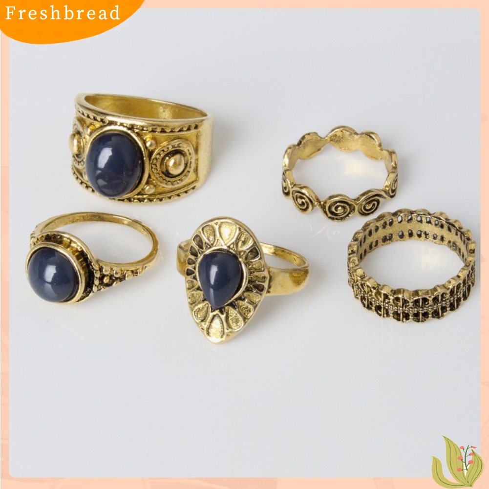 &lt; Freshbread &gt; 5Pcs/Set Bohemian Vintage Batu Biru Alloy Jari Cincin Wanita Menawan Perhiasan