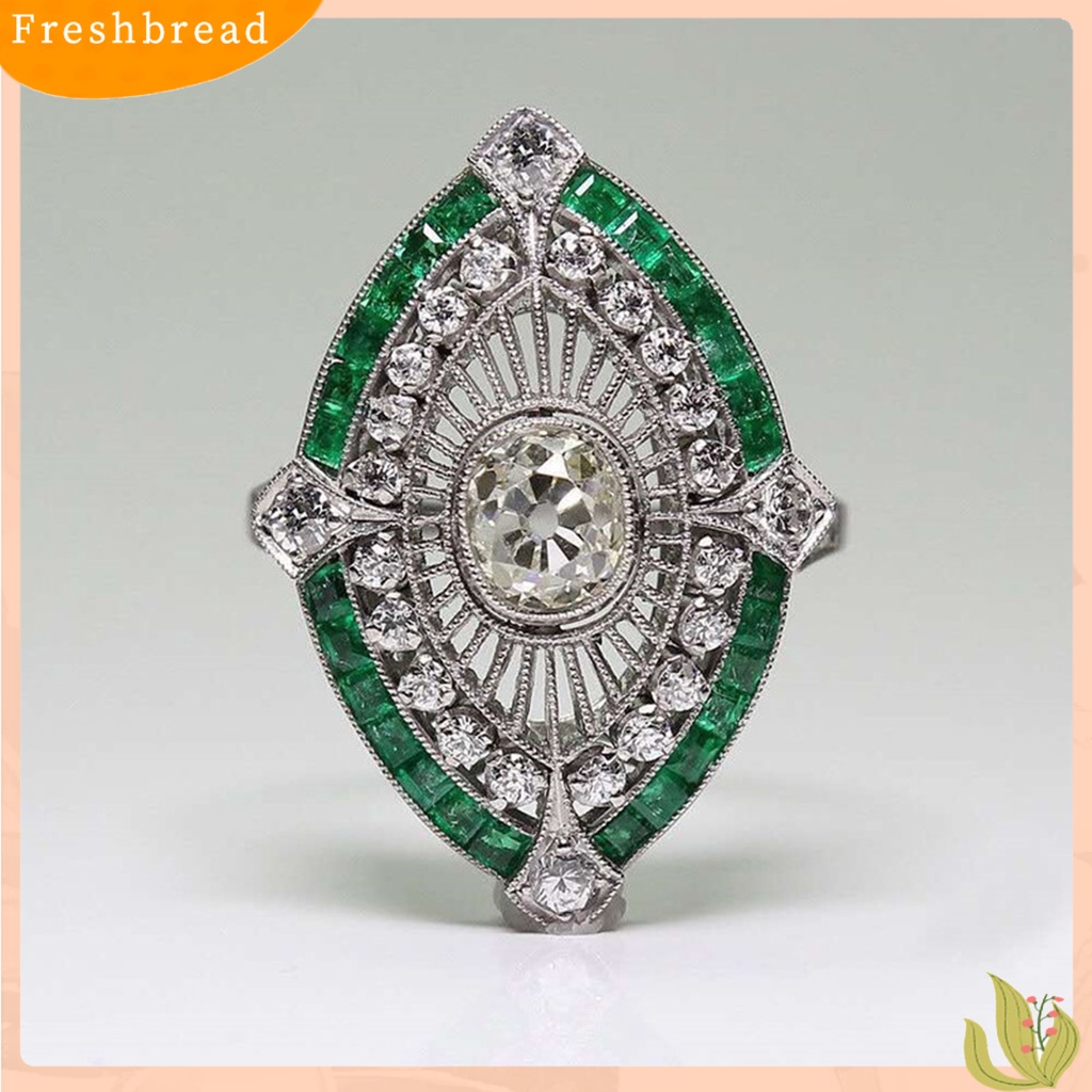 &lt; Freshbread &gt; Wanita Cincin Berlian Imitasi Mengkilap Hias Two-tone Geometri Electroplating Art Deco Hadiah Natural Emerald Faux Gemstone Engagement Wedding Ring Untuk Anniversary