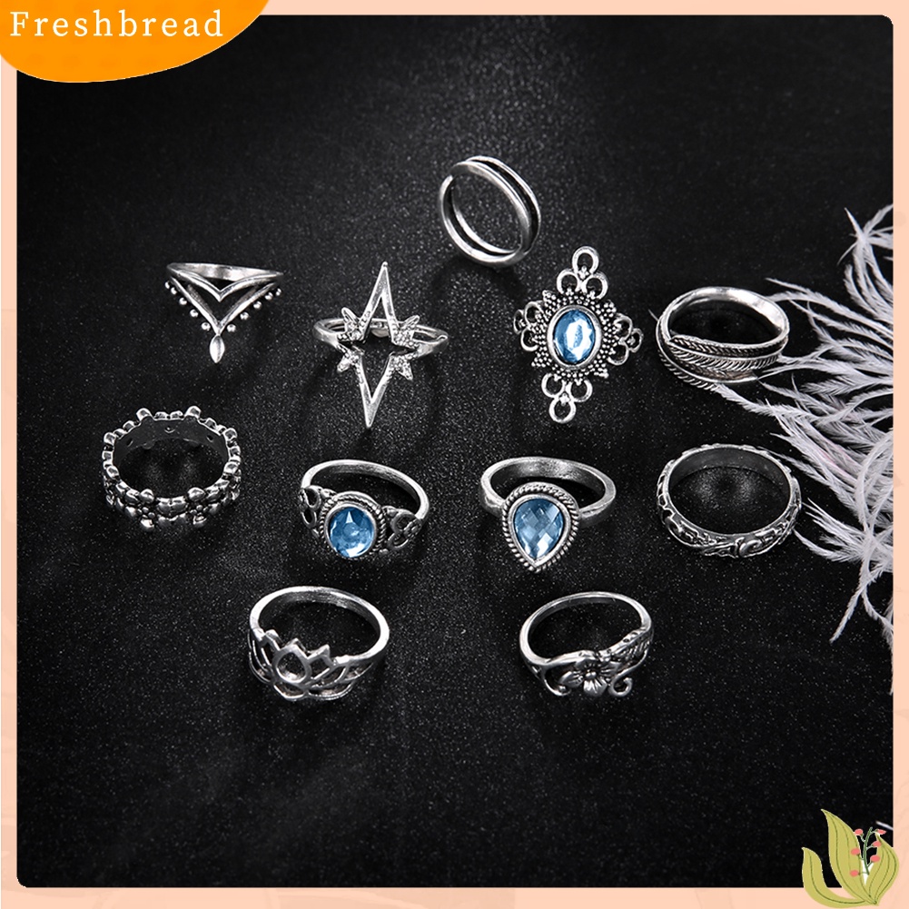 &lt; Freshbread &gt; 11 Pcs Wanita Retro Berongga Berlian Imitasi Knuckle Midi Ujung Jari Susun Cincin Bersama