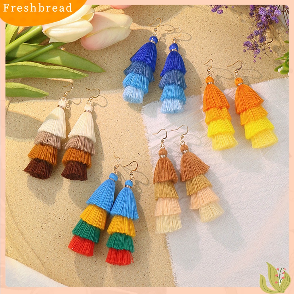 &lt; Freshbread &gt; 1pasang Anting Menarik Gaya Bohemia Ultra Panjang 4lapis Rumbai Fringe Menjuntai Anting Untuk Wanita