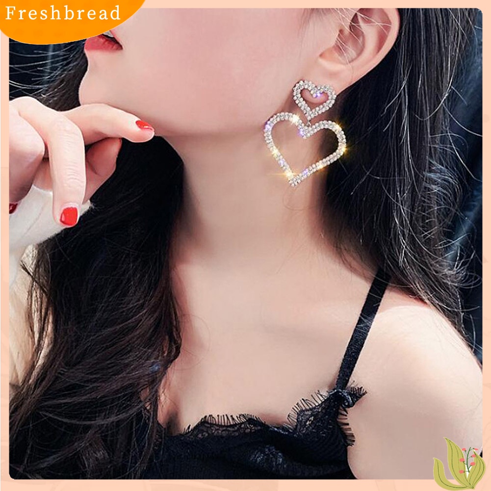 &lt; Freshbread &gt; Wanita Elegan Berlian Imitasi Jantung Teardrop Menjuntai Ear Drop Earrings Perhiasan Pesta