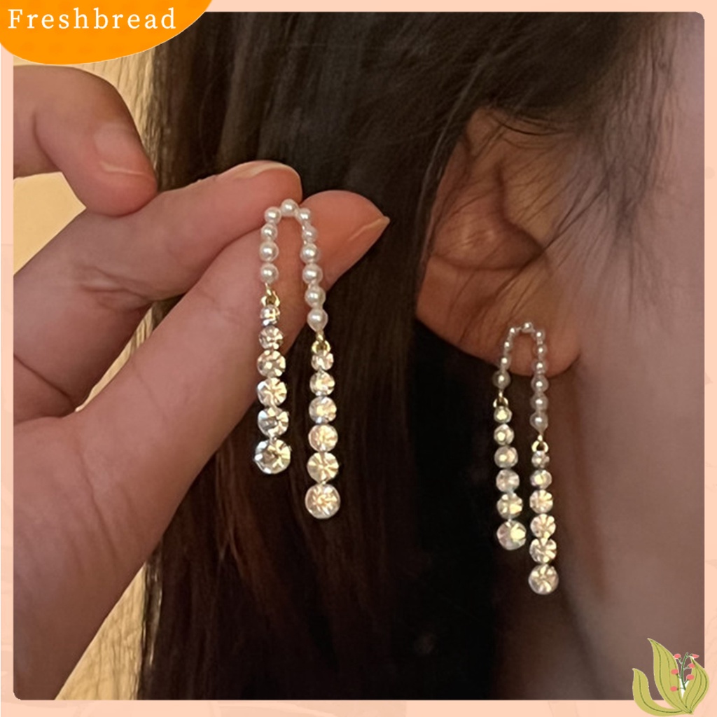 &lt; Freshbread &gt; 1pasang Anting Wanita Rumbai Panjang Mutiara Imitasi Perempuan Gaya Perancis Cubic Zirconia Anting Menjuntai Untuk Pernikahan