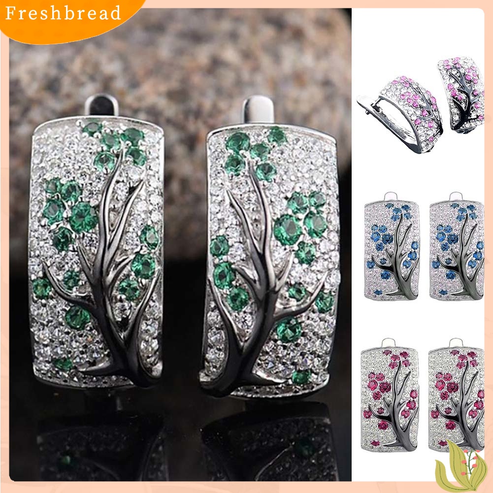 &lt; Freshbread &gt; Lady Shiny Plum Blossom Cabang Penuh Berlian Imitasi Bertatahkan Melengkung Anting-Anting Persegi Panjang